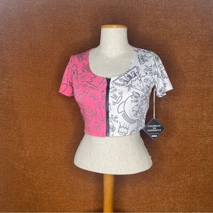 Civil Clothing Modern Colorblock Pink/White Streetwear Zip-Up Crop Top, Si…